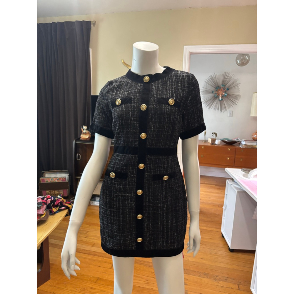 Cider Black Gold Tweed Button Front Mini Dress Size S - Picture 1 of 4